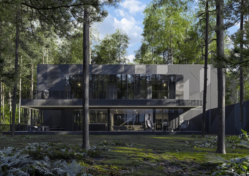pine tree-cloaked villa by reform architekt in poland nods to geometric forms of laborghini aventador SVJ