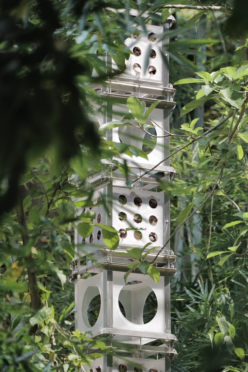 industrial modules and organic soil build architectural installation that grows with the forest