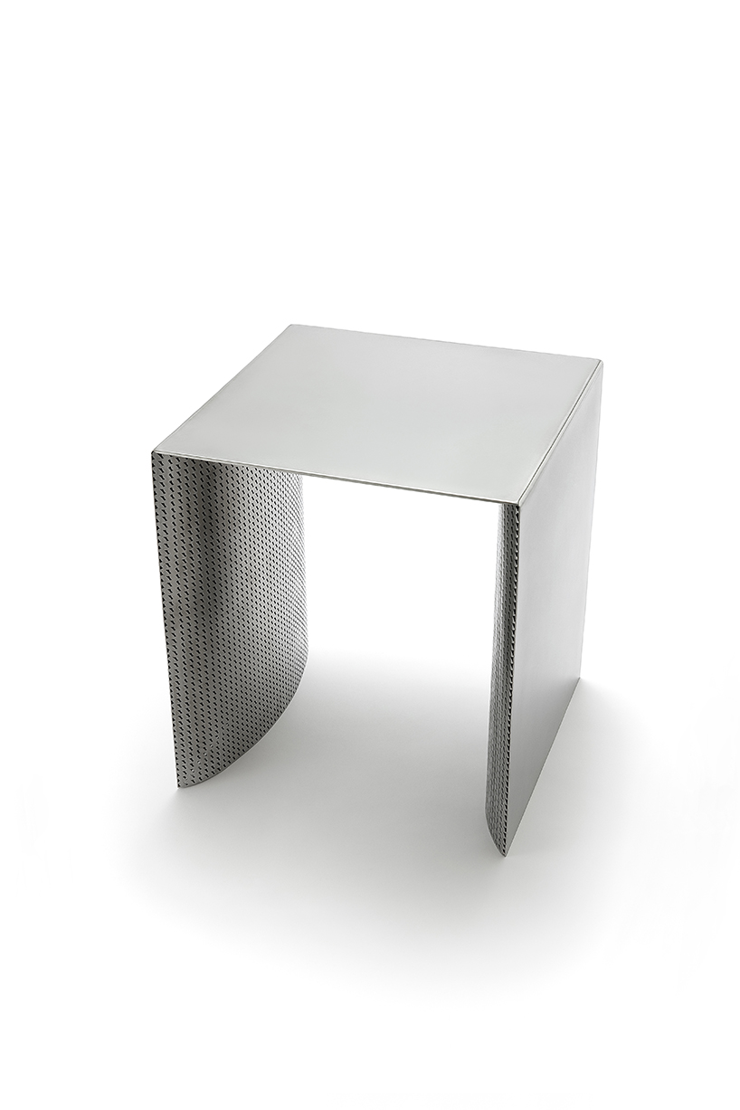 seo chung kyo punctuates steel stools with intricate engravings evoking woven fabric