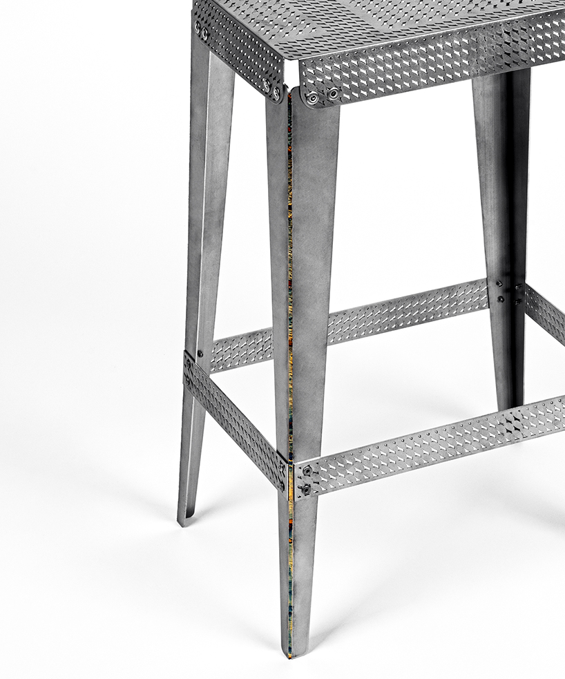 seo chung kyo punctuates steel stools with intricate engravings evoking woven fabric
