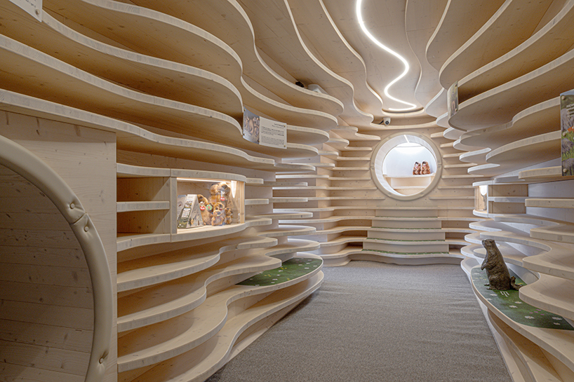 corten steel tubes lined with spruce plywood ribs form alpine learning burrow by officina 82 - 2