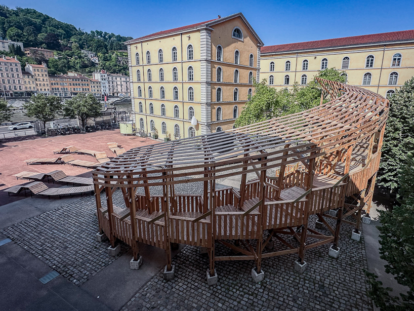 uv lab reimagines arcadia as a layered timber gathering installation in lyon - 6
