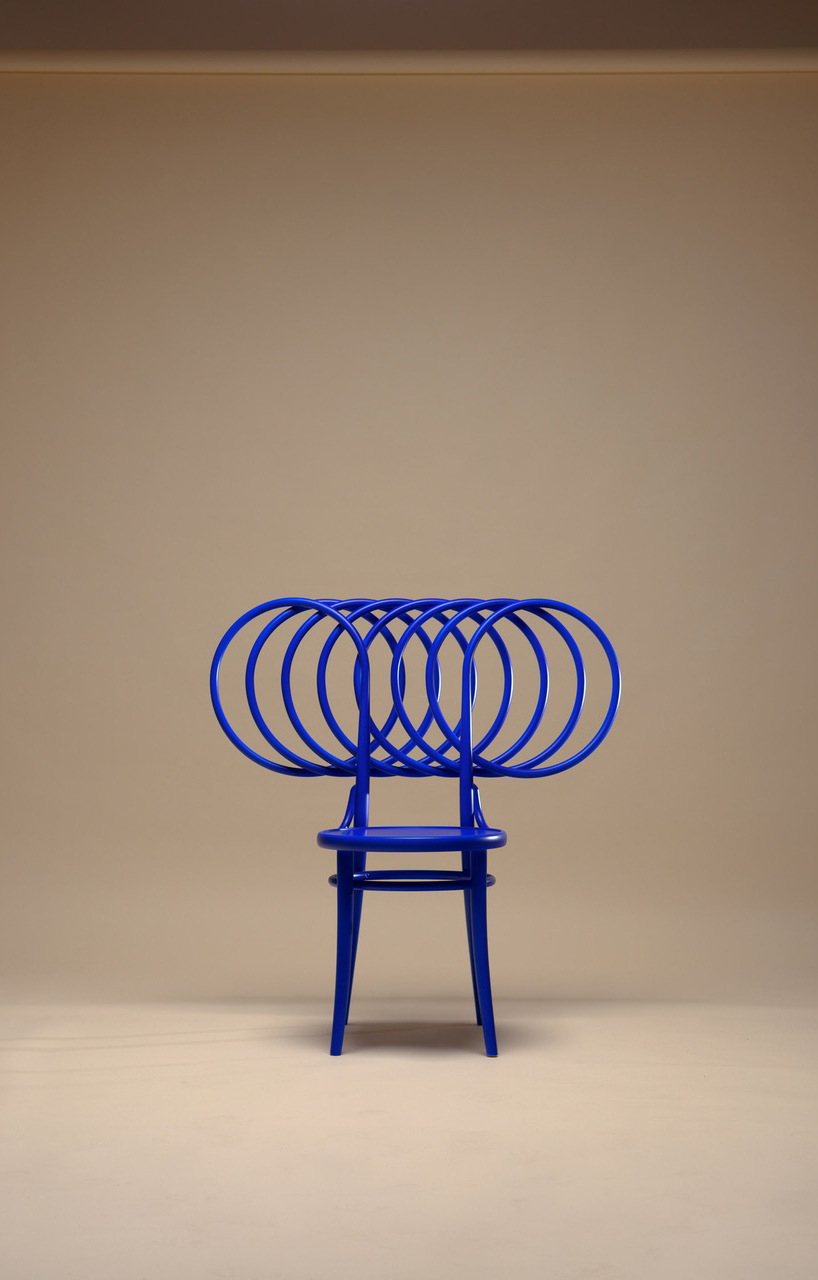 ultramarine wooden circles revise ton's iconic chair 14 displayed at milan design week 2024