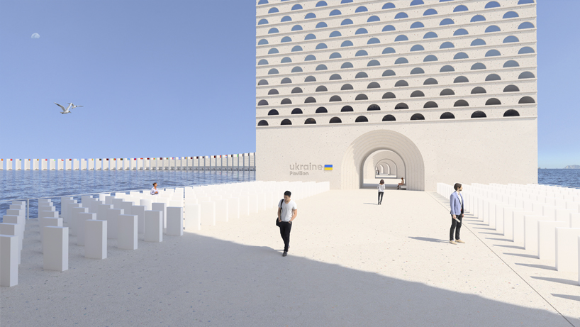 conceptual ring platform floating near gaza sets up a domino of all countries' pavilions