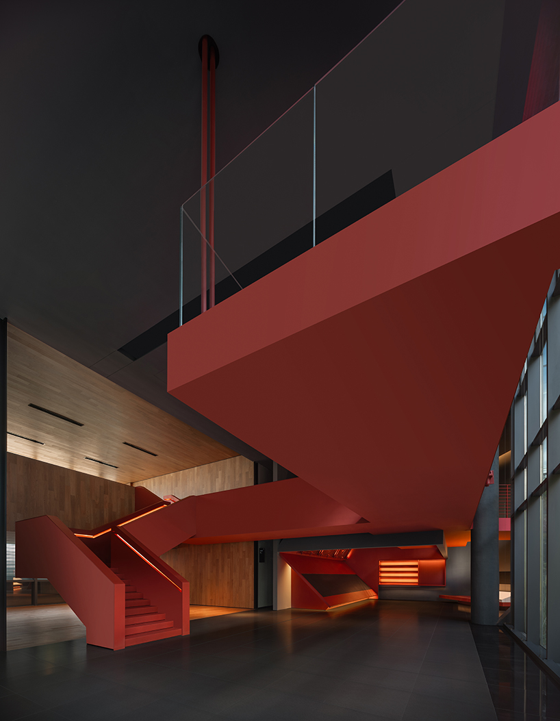 red cantilevered volumes outline one house design's shanghai techstorm exhibition hall