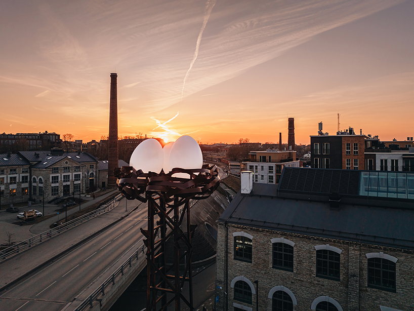 5-year-old’s sketch turns light mast into luminous bird's nest installation in estonia