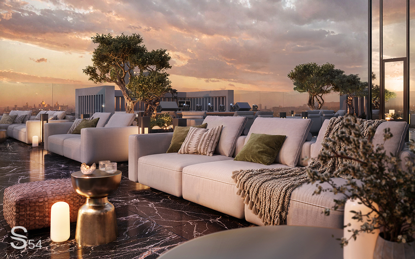 brass, marble, quartz details ornament studia 54's interiors within skyscraper in india