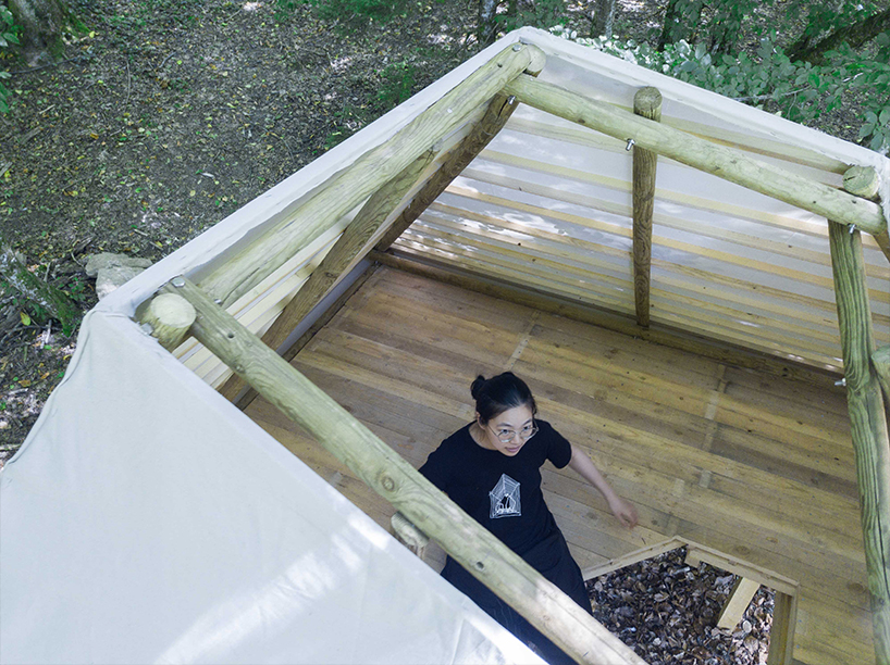 meaningless architecture's meditation cabin lights up like a lantern in french woodlands