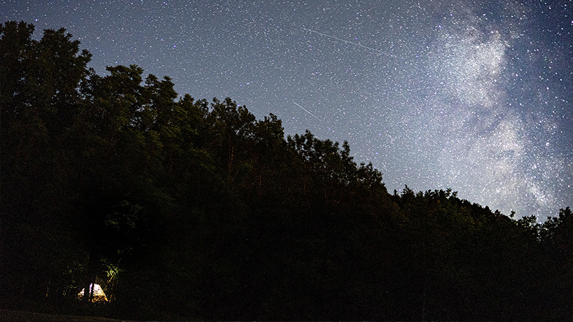 meaningless architecture's meditation cabin lights up like a lantern in french woodlands