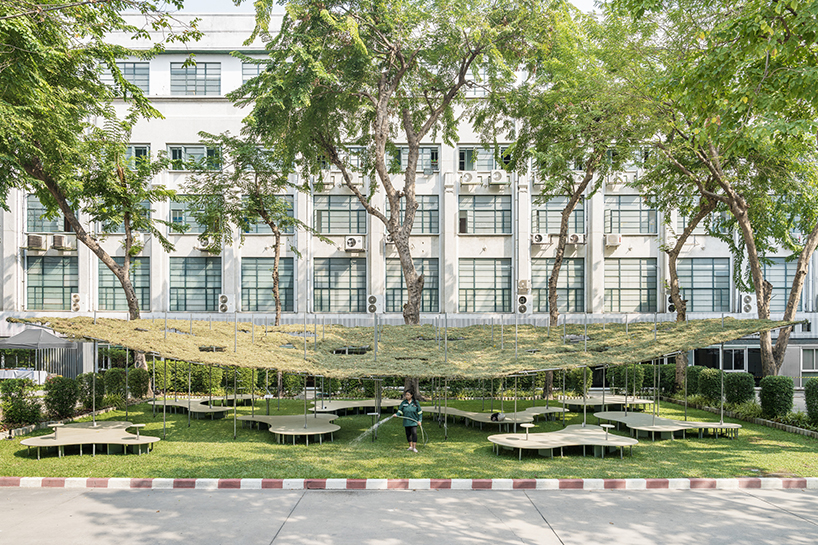 people pavilion's grass canopy shades over free-form seating