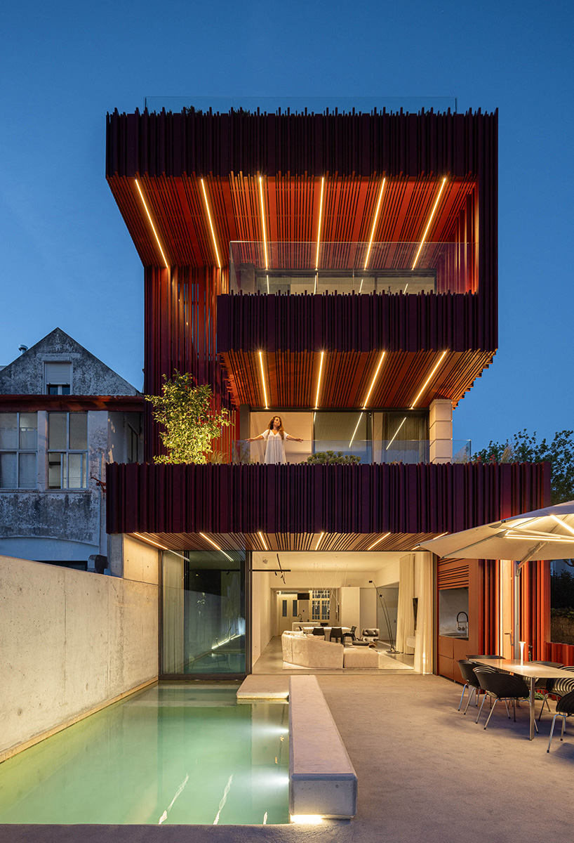 red timber-clad skin covers the Art Nouveau façade of the parking garage in Aveiro