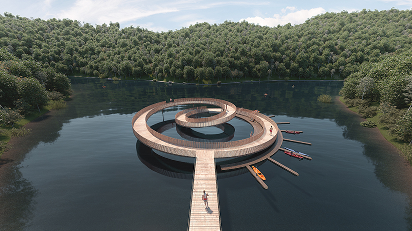 atelier X's wooden mobius pier rises in a loop from a riverbank in portugal