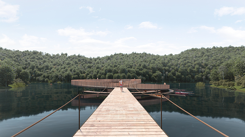 atelier X's wooden mobius pier rises in a loop from a riverbank in portugal