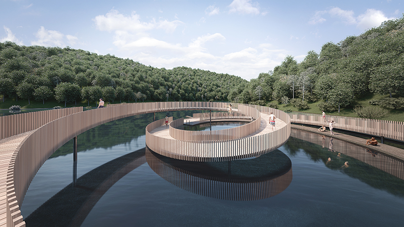 atelier X's wooden mobius pier rises in a loop from a riverbank in portugal