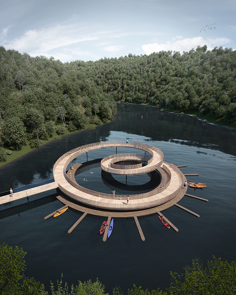 atelier X's wooden mobius pier rises in a loop from a riverbank in portugal