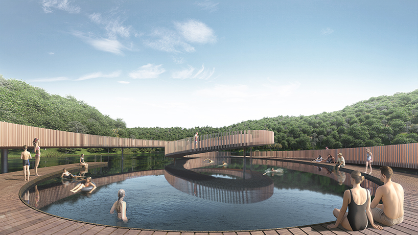 atelier X's wooden mobius pier rises in a loop from a riverbank in portugal