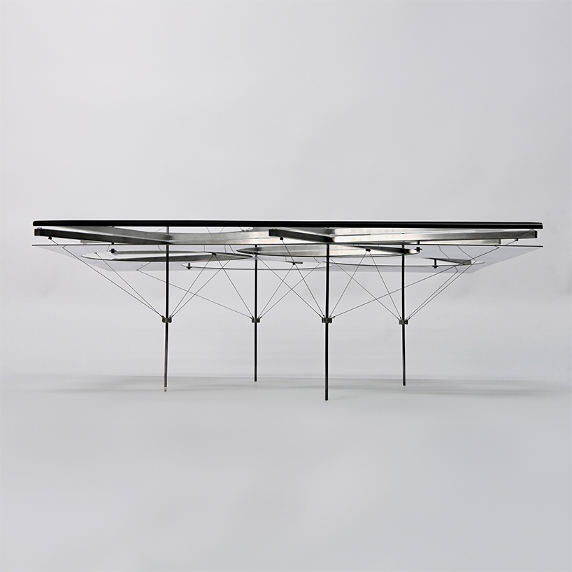 slender stainless steel frame with wires supports jeonghyeon jin’s XX-02-1 coffee table