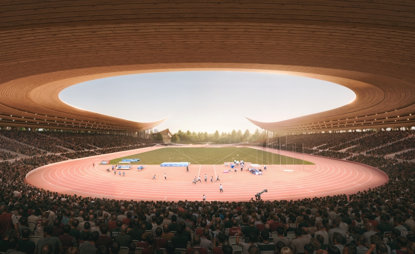 le toit incurvé s'étend vers le haut, invitant la lumière du soleil dans le stade du parc SKRA de Varsovie