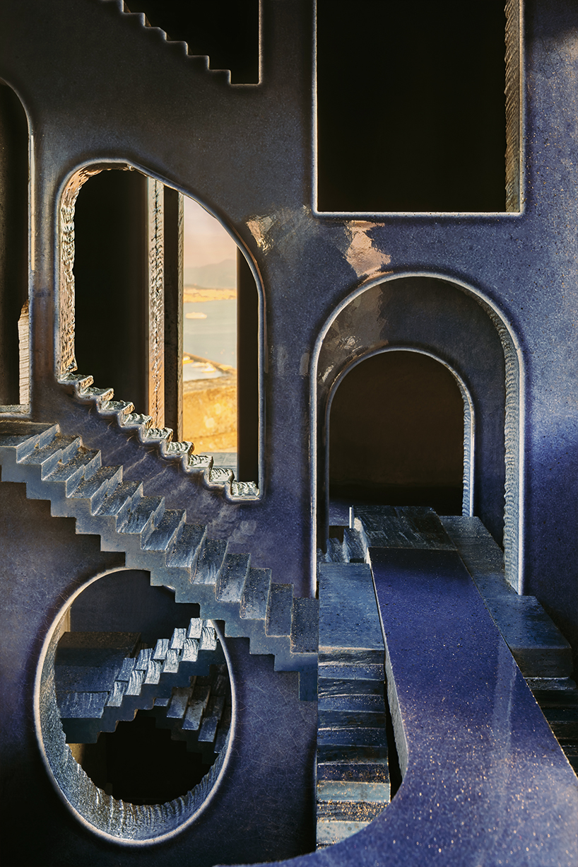 totemic sculptures compose volcanic stone landscape for site-specific installation in naples