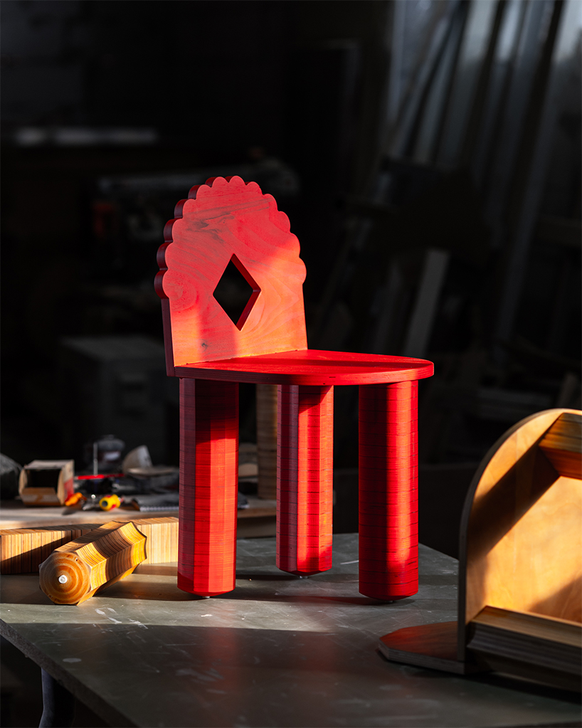 shape & shade's sculptural wooden chair reimagines traditional albanian shkam stool