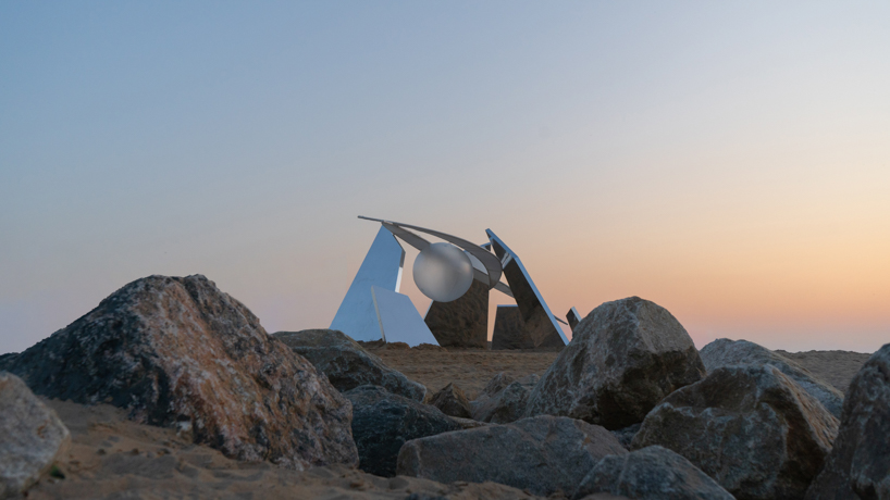 two suspended white wings float around luminous central sphere for oas/s-nest installation