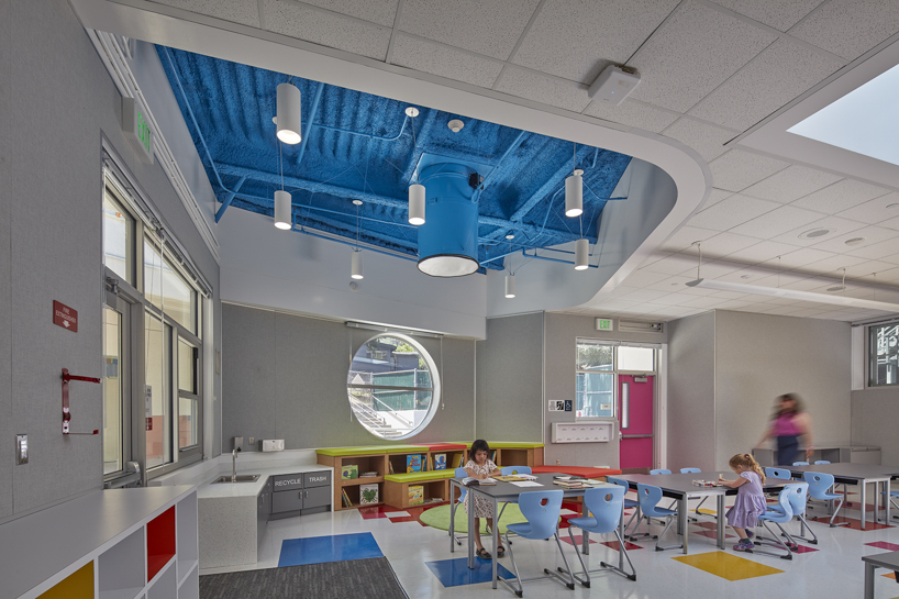 colored louvers wrap around los angeles elementary school's curved exterior by JFAK