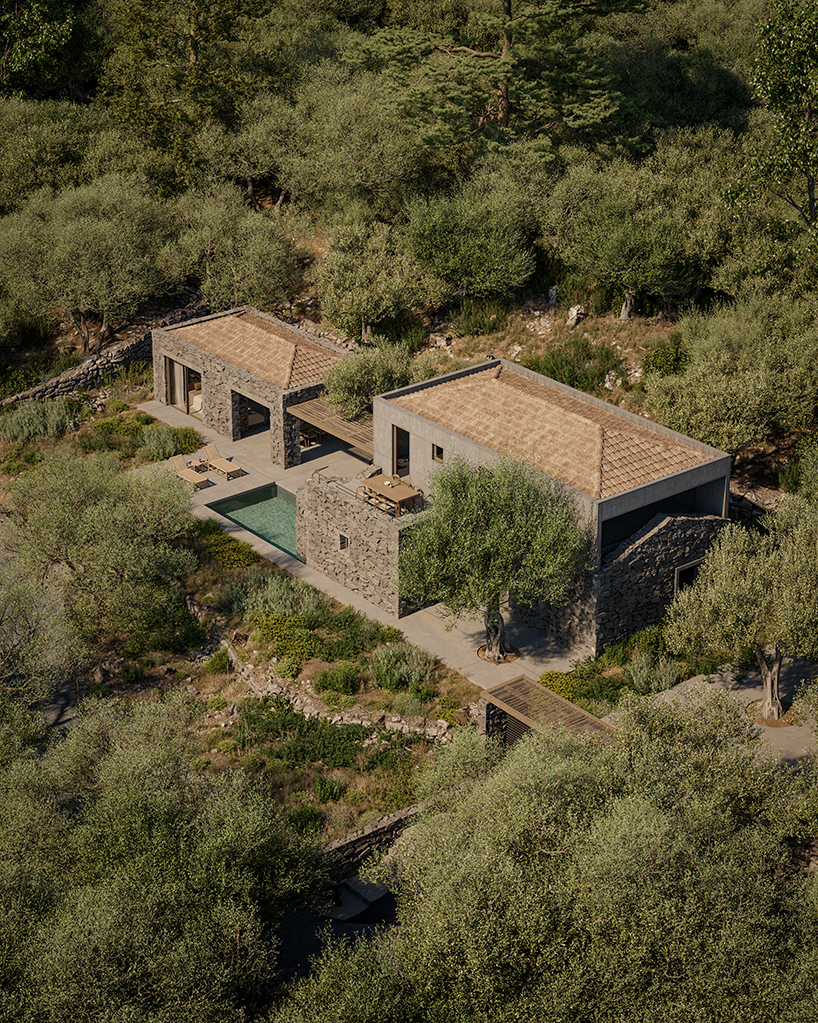 rough stone textures interplay with smooth gray cement for enigma project in paxos island