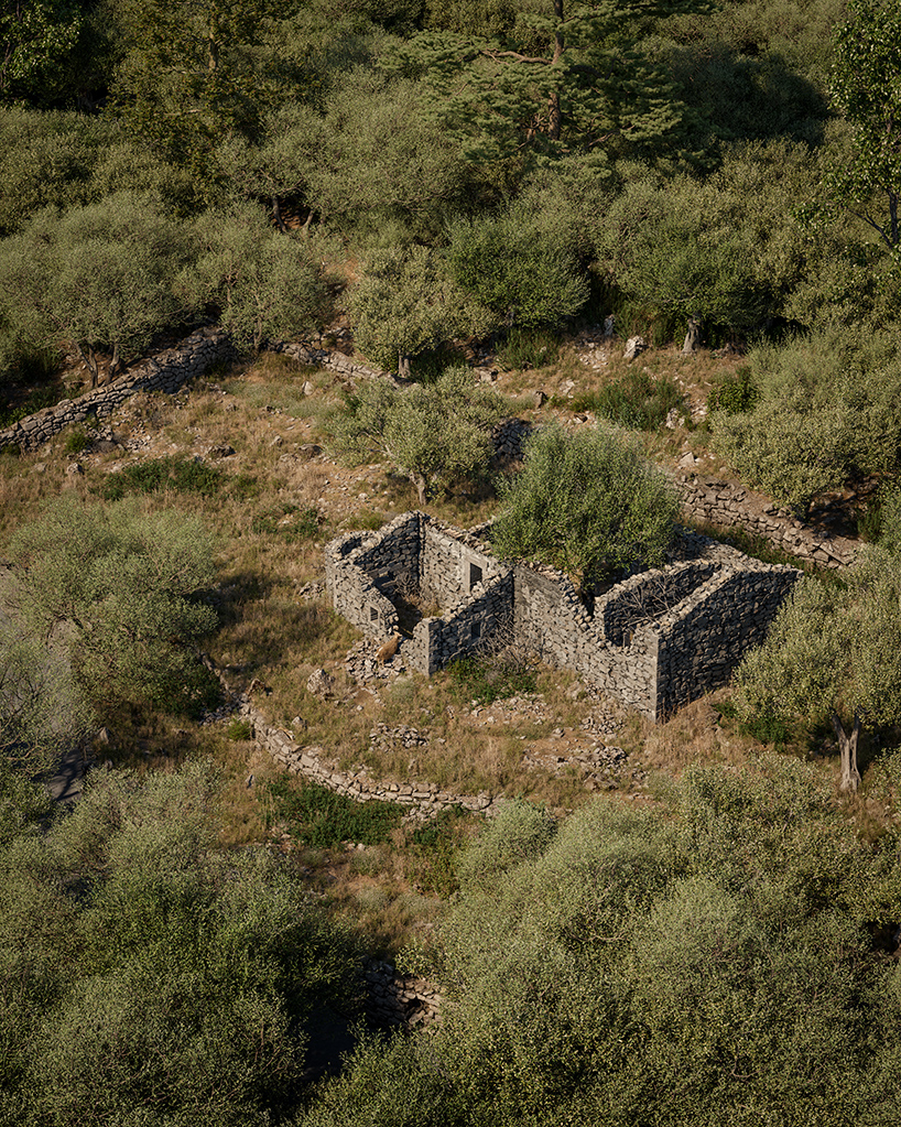 rough stone textures interplay with smooth gray cement for enigma project in paxos island