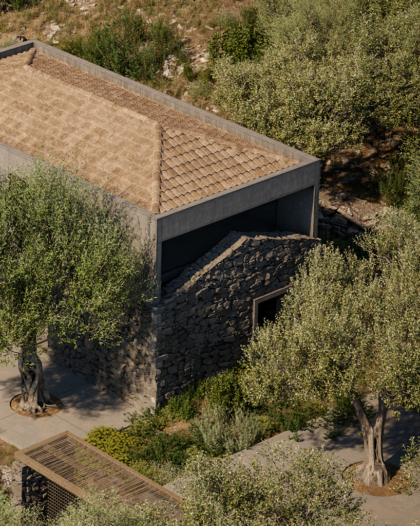 rough stone textures interplay with smooth gray cement for enigma project in paxos island