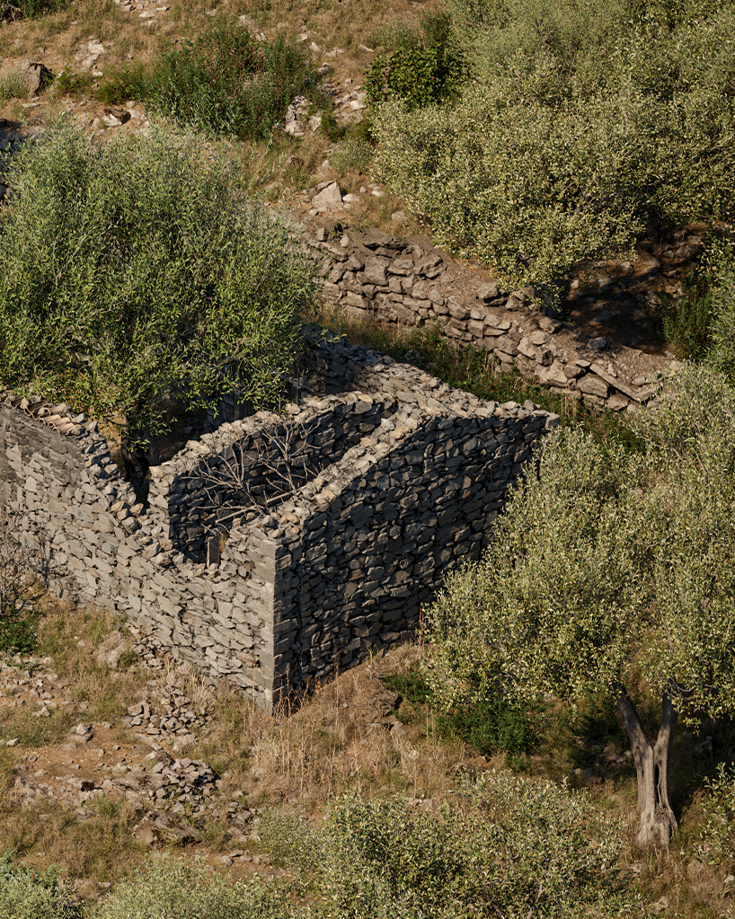 rough stone textures interplay with smooth gray cement for enigma project in paxos island