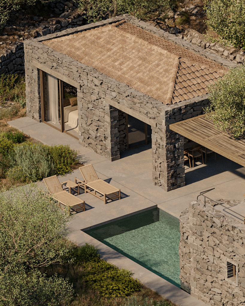 rough stone textures interplay with smooth gray cement for enigma project in paxos island