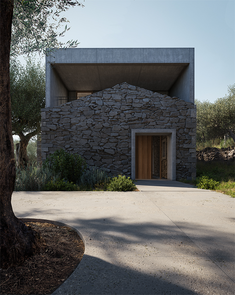 rough stone textures interplay with smooth gray cement for enigma project in paxos island