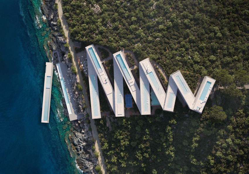The Zigzag resort extends linear terraces and infinite basins along the rugged coast of Albania