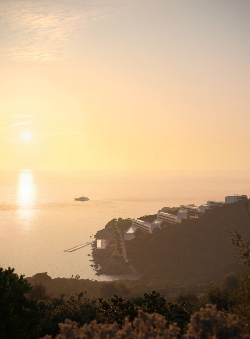 zigzag resort extends linear terraces and infinity pools along albania’s rugged coastline
