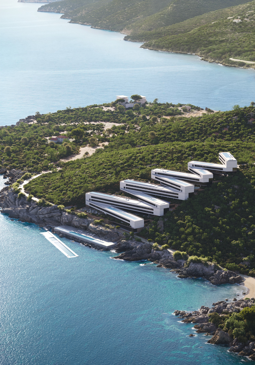 The Zigzag resort extends linear terraces and infinite basins along the rugged coast of Albania