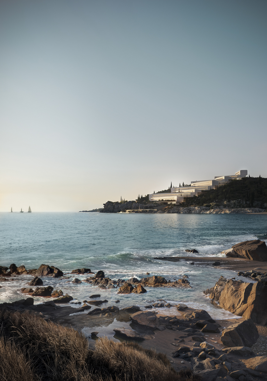 zigzag resort extends linear terraces and infinity pools along albania’s rugged coastline