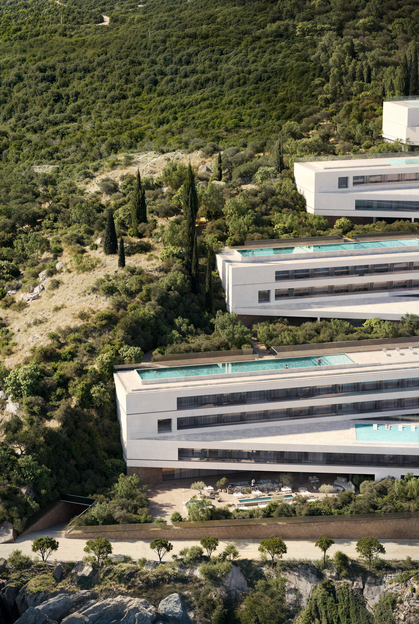 The Zigzag resort extends linear terraces and infinite basins along the rugged coast of Albania
