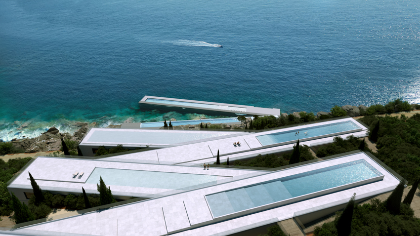 The Zigzag resort extends linear terraces and infinite basins along the rugged coast of Albania