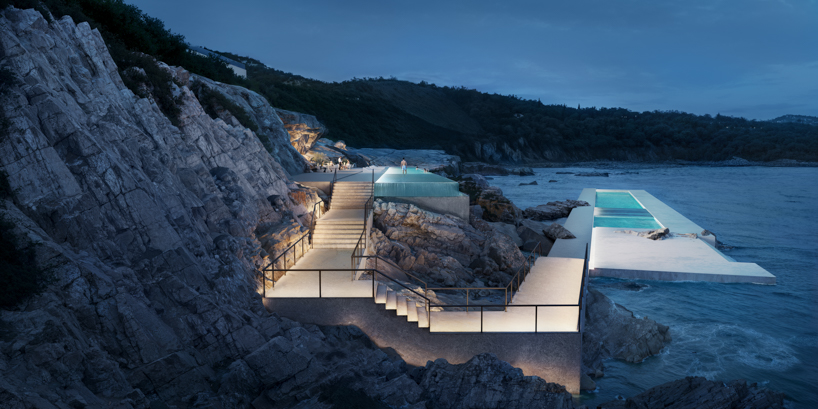zigzag resort extends linear terraces and infinity pools along albania’s rugged coastline