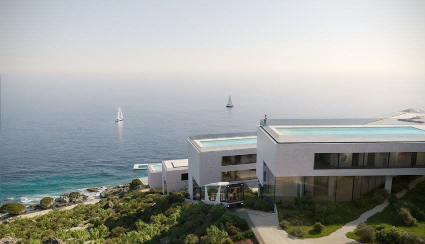 The Zigzag resort extends linear terraces and infinite basins along the rugged coast of Albania