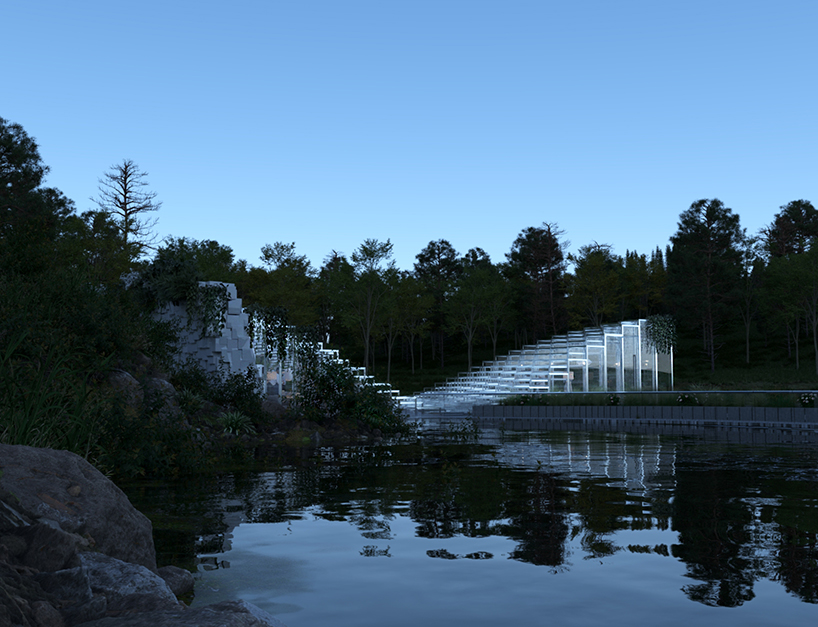 terraced stone and glass platforms shape shuai zhang's sculptural amphitheater in canada