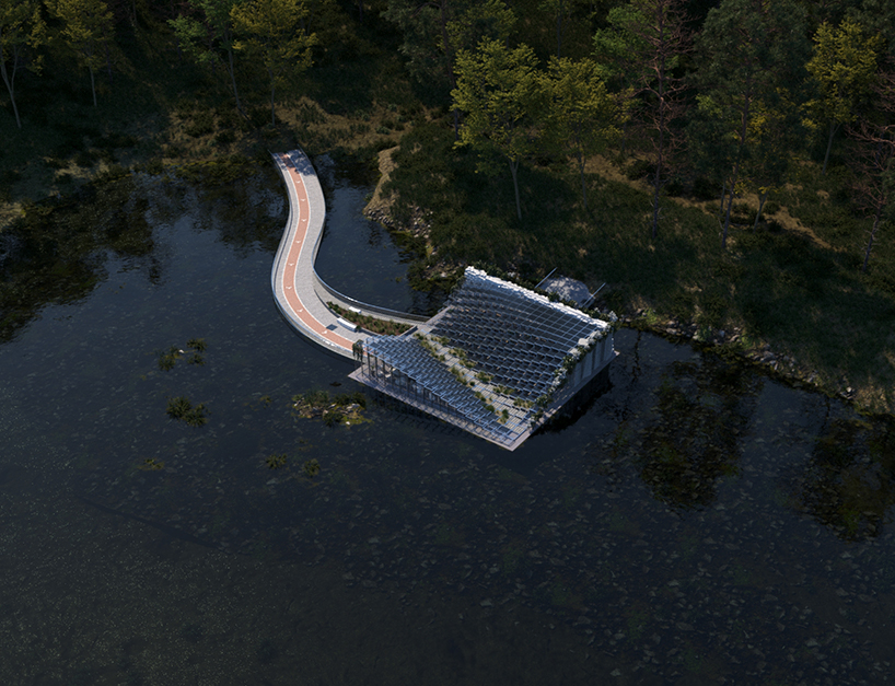 terraced stone and glass platforms shape shuai zhang's sculptural amphitheater in canada