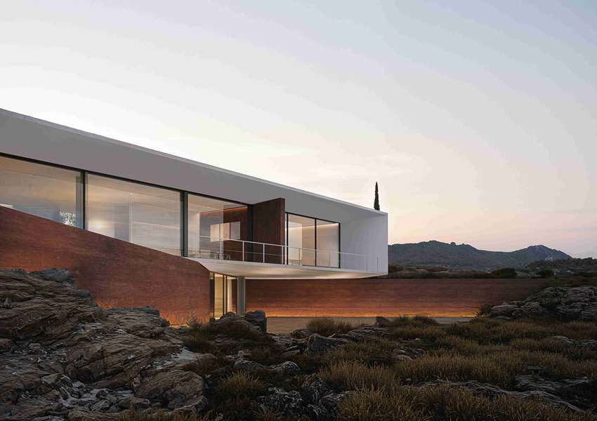 summer residence's sharp geometry emerges from greek seaside slope