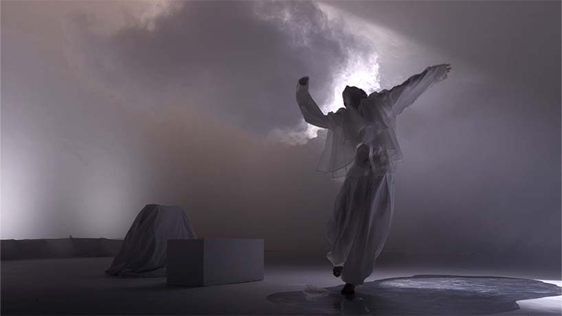 black void frames cloud installation as narrative tool in multimedia atmospheric performance