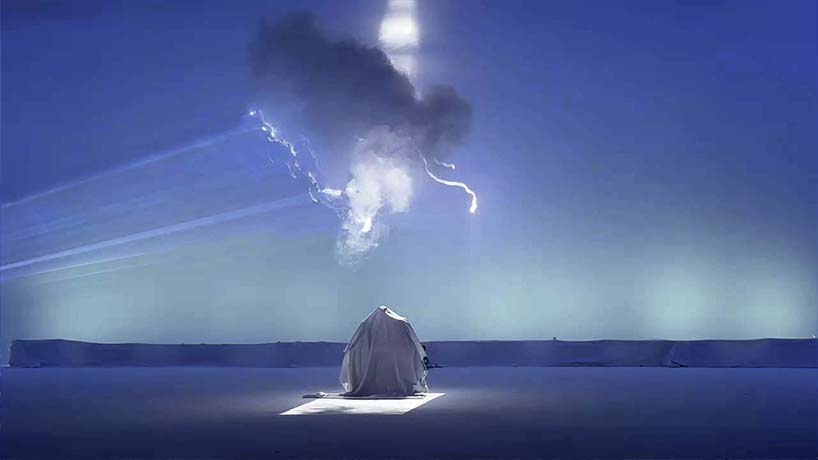 black void frames cloud installation as narrative tool in multimedia atmospheric performance