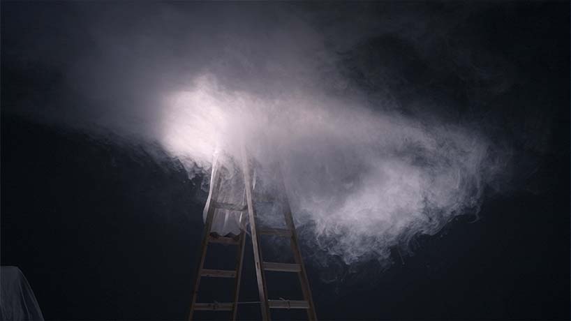black void frames cloud installation as narrative tool in multimedia atmospheric performance