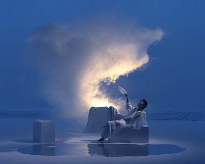 black void frames cloud installation as narrative tool in multimedia atmospheric performance