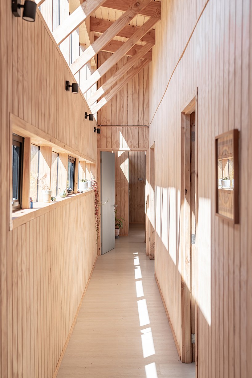 charred timber wraps linear casa las tupas, topped with pitched roof in northern chile
