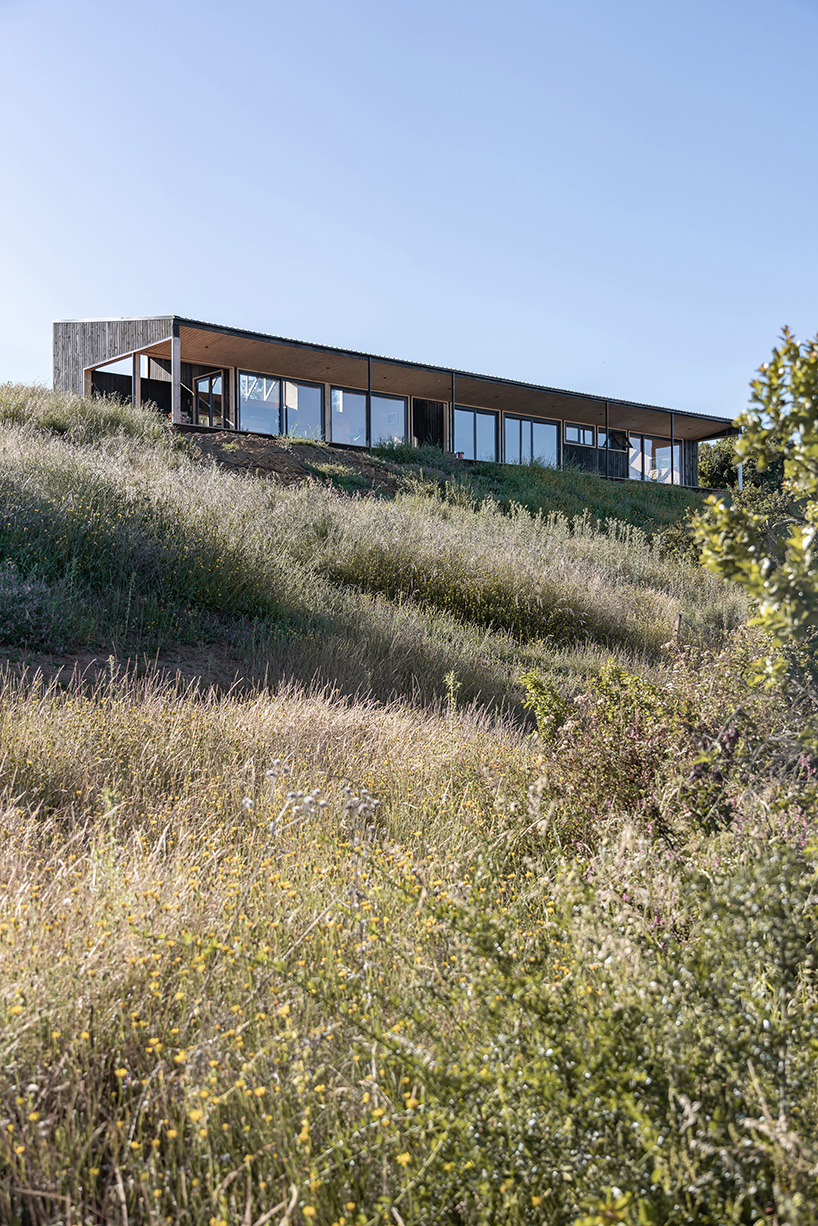 pitched roof tops linear casa las tupas, clad in charred timber in northern chile