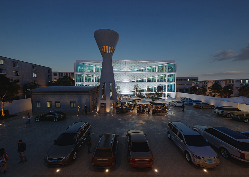 El patrón de parámetro Batik rastrea la fachada del consulado indonesio en Jeddah, Arabia Saudita